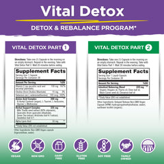 Vital Detox Part 1 capsules highlight liver-support ingredients like milk thistle and quercetin