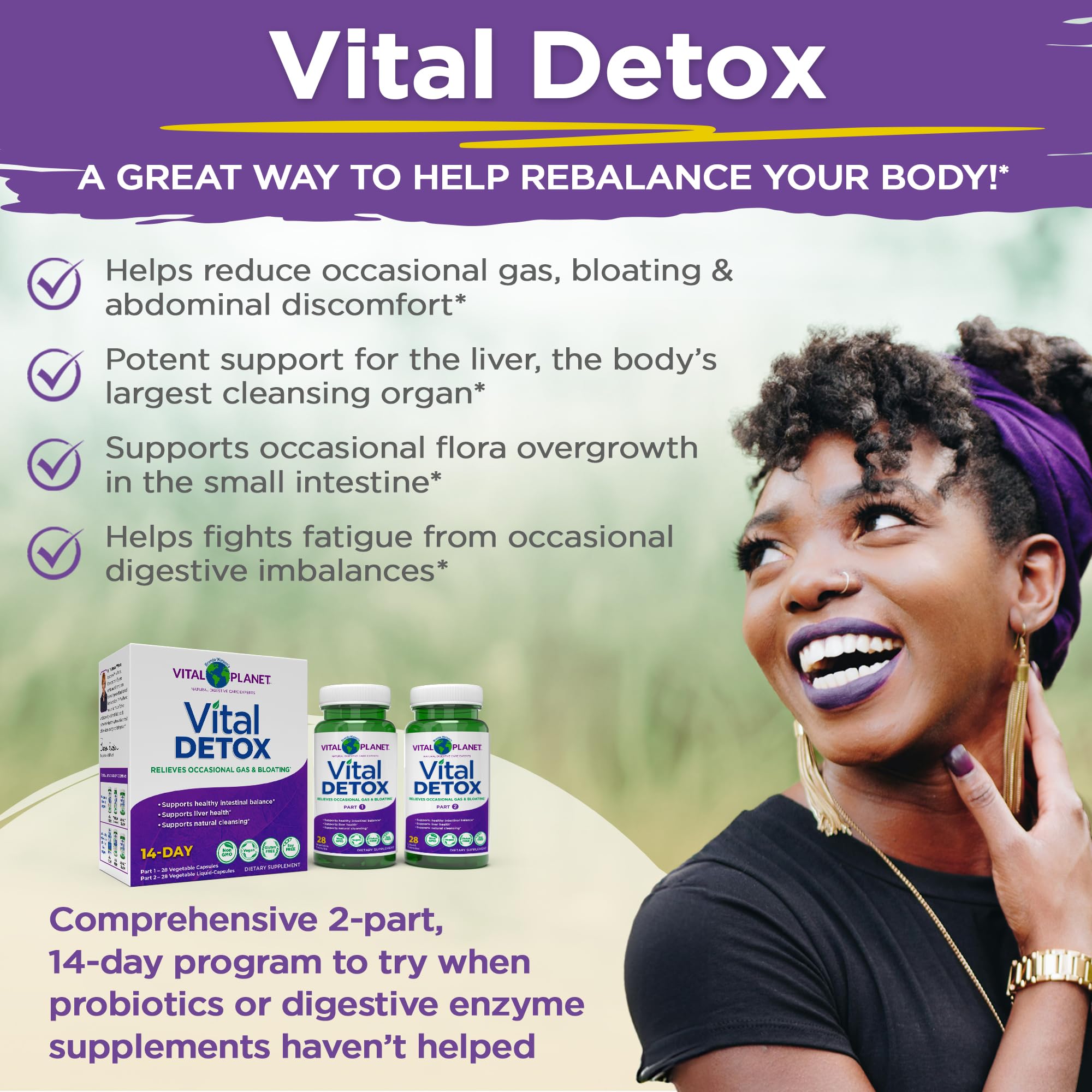 Vital Detox packaging emphasizes vegan, non-GMO, and clean ingredients