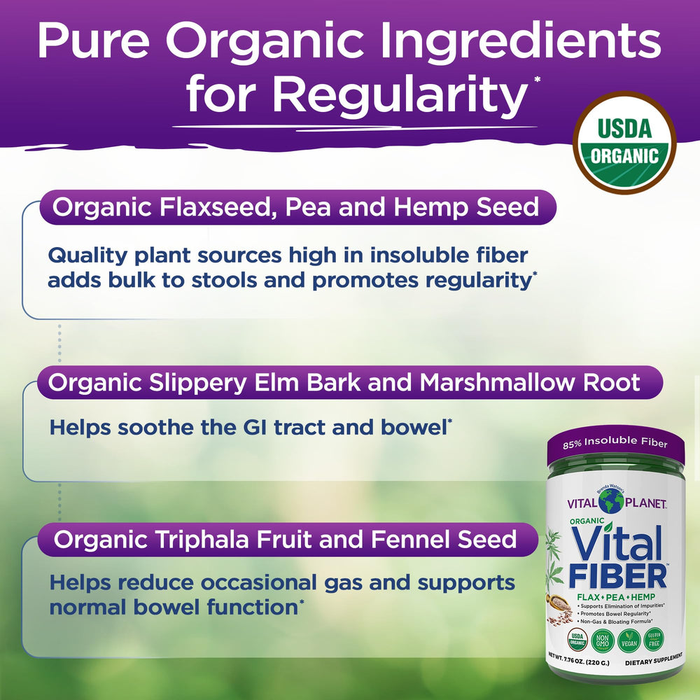 Vital Planet Vital Fiber powder ingredients highlight flax, pea, and hemp for gut-friendly nutrition.