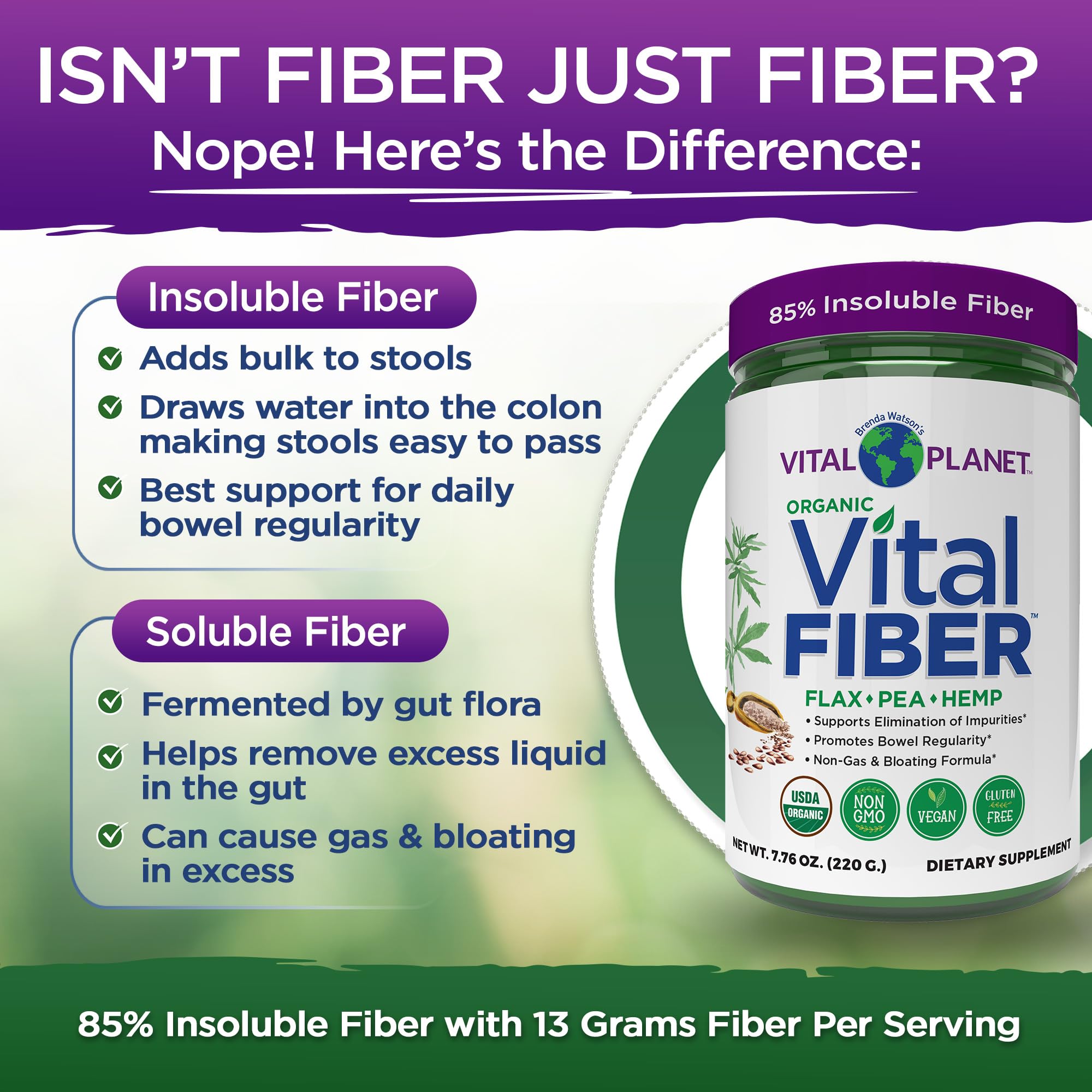 Vital Planet Vital Fiber powder label confirms organic, vegan, non-GMO credentials.