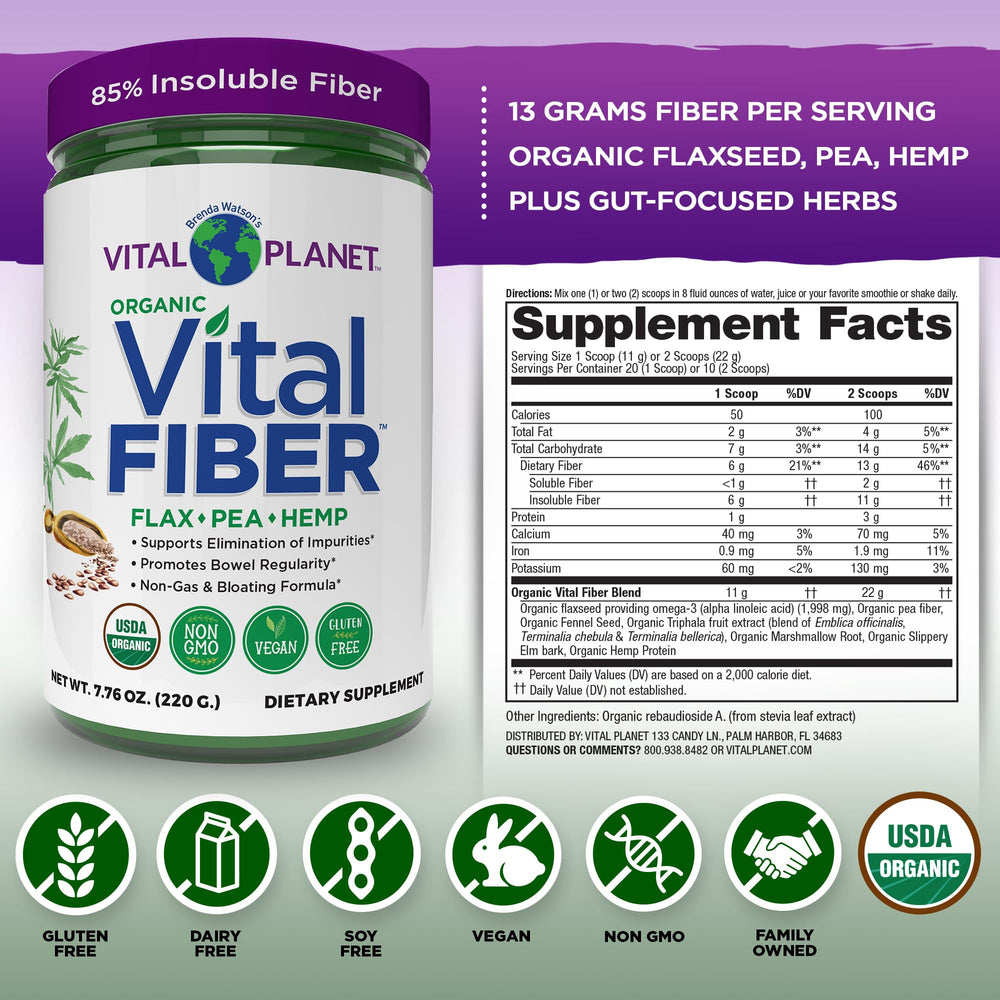 Vital Planet Vital Fiber powder scoop illustrating easy daily dosage for consistent fiber intake.