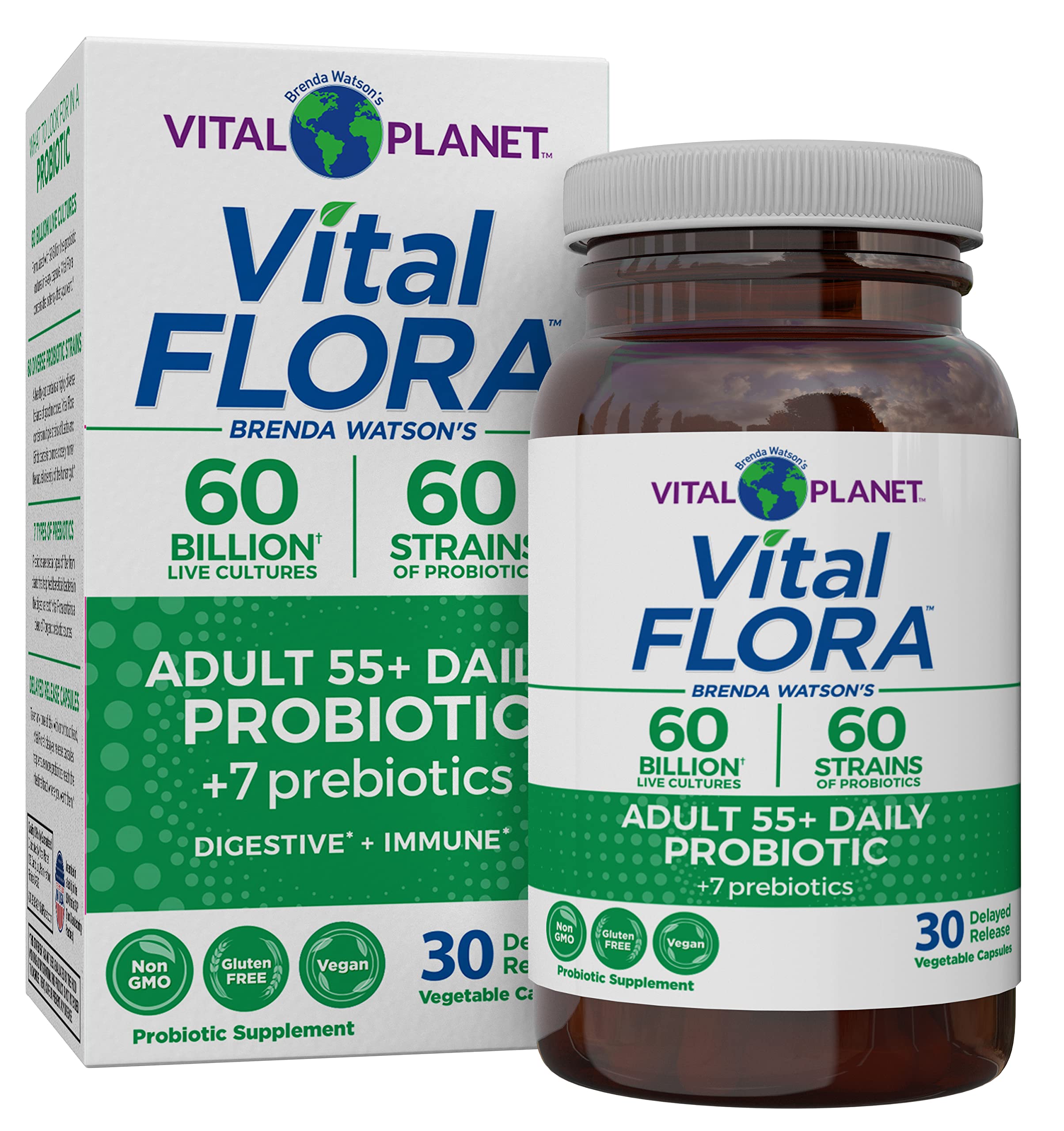 Vital Planet Vital Flora 55+ bottle front, daily probiotic support for digestive balance.