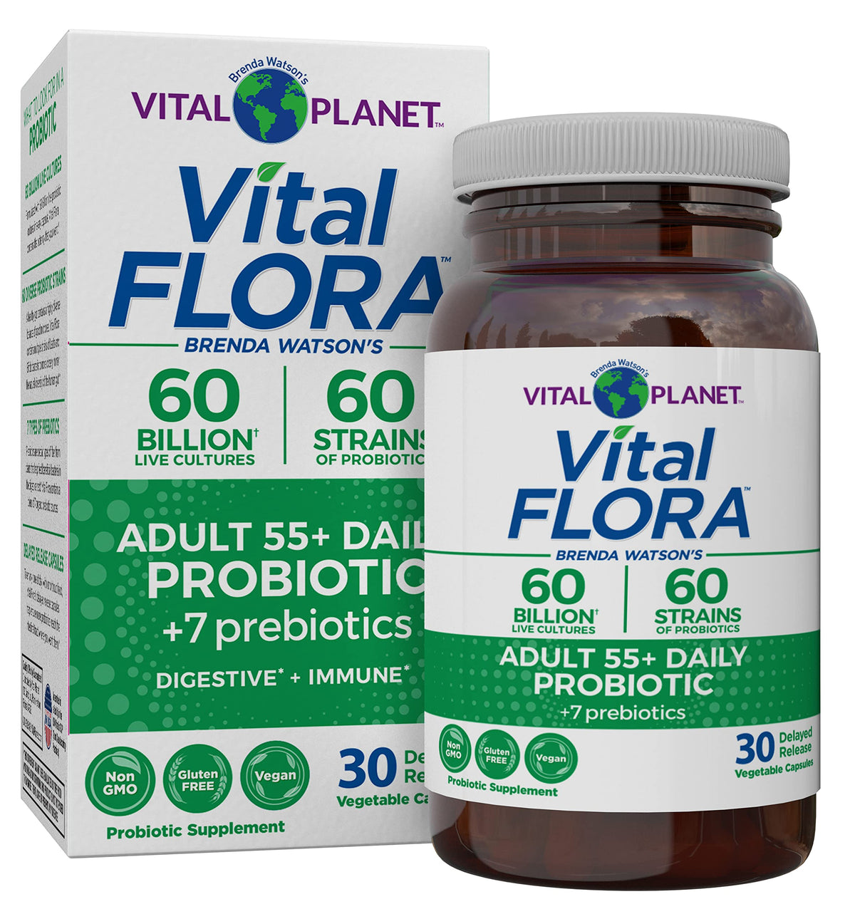 Vital Planet Vital Flora 55+ bottle front, daily probiotic support for digestive balance.