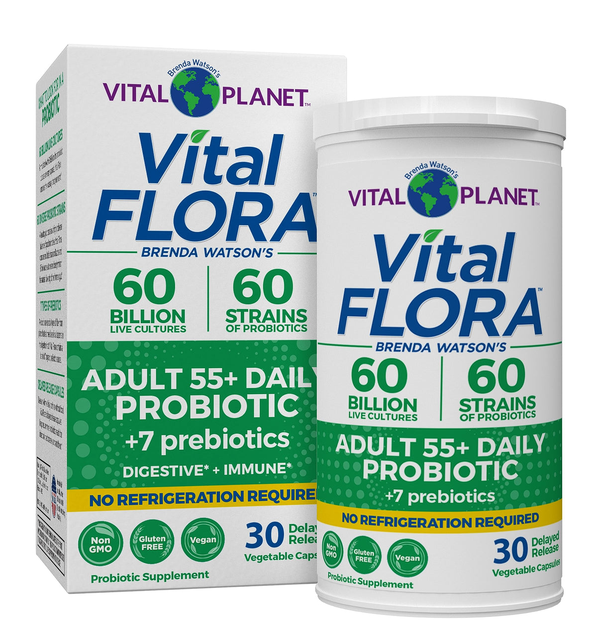 Vital Planet Vital Flora 55+ bottle showcases 60B CFU for digestive balance.