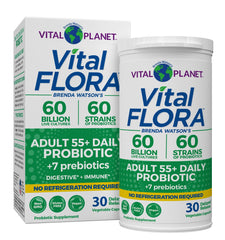 Vital Planet Vital Flora 55+ bottle showcases 60B CFU for digestive balance.