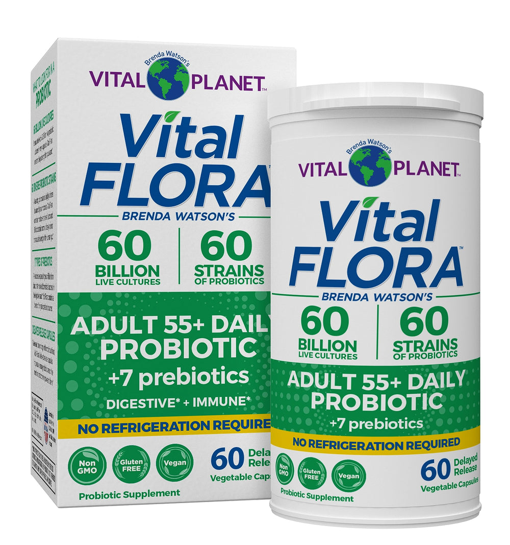Vital Planet Vital Flora 55+ bottle showcasing diverse probiotic strains for daily digestive support.