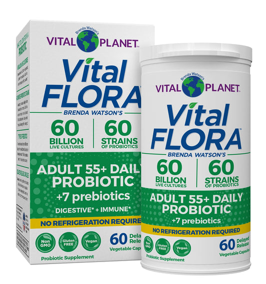 Vital Planet Vital Flora 55+ bottle showcasing diverse probiotic strains for daily digestive support.