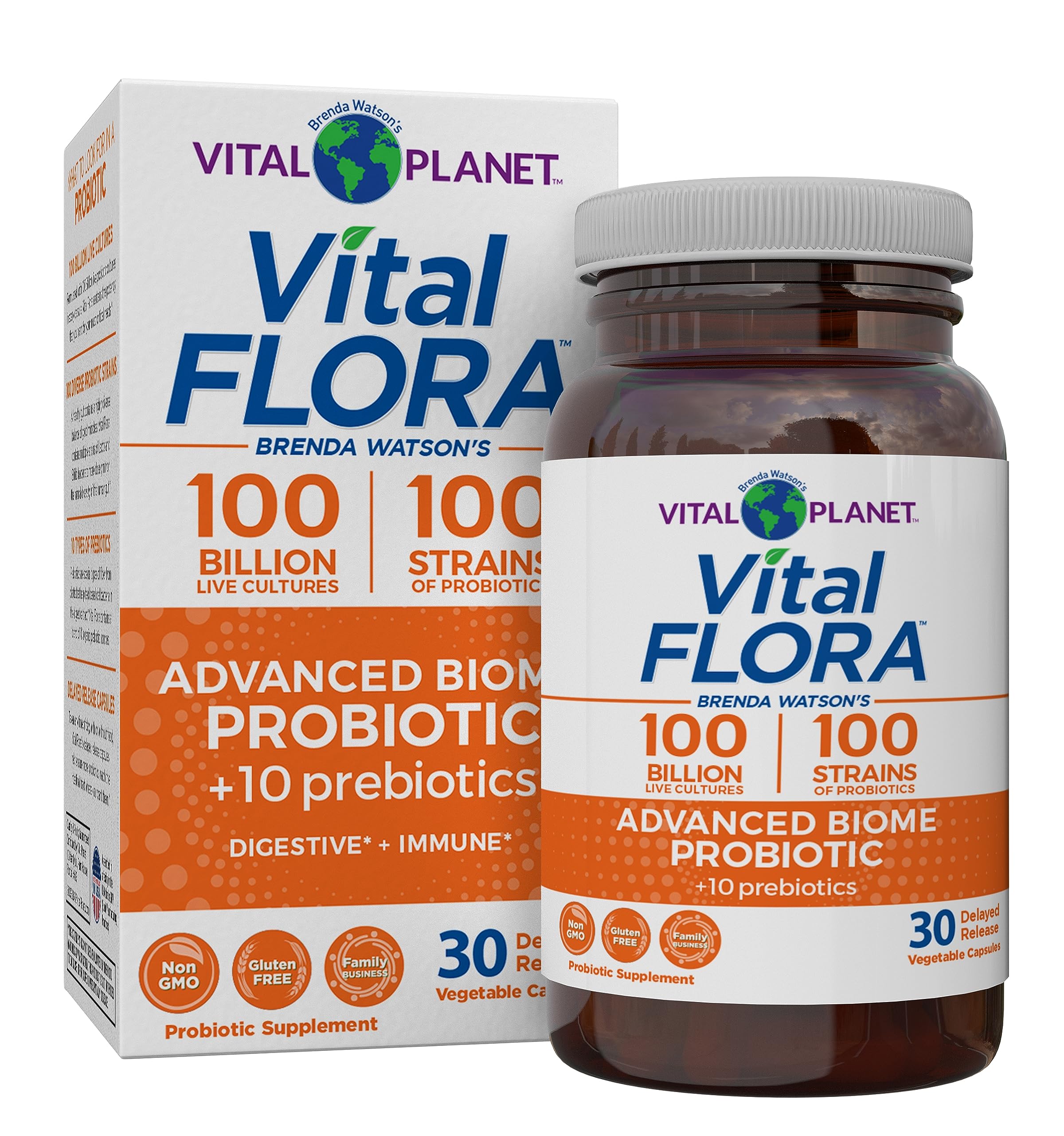 Vital Planet Vital Flora Advanced Biome Probiotic bottle showing product labeling and potency.