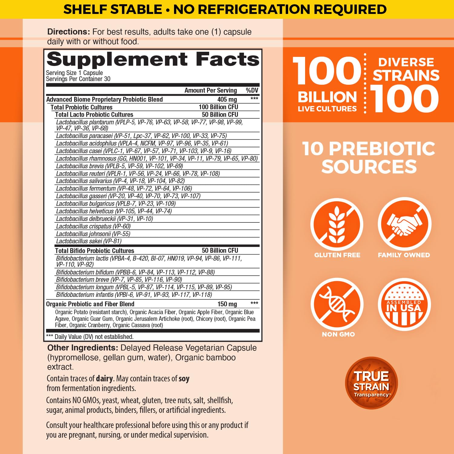 Vital Planet Vital Flora Advanced Probiotic bottle back label highlights 100B CFU and strains