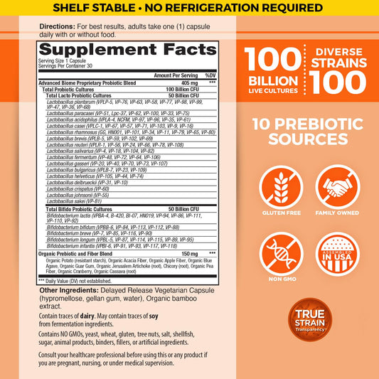 Vital Planet Vital Flora Advanced Probiotic bottle back label highlights 100B CFU and strains