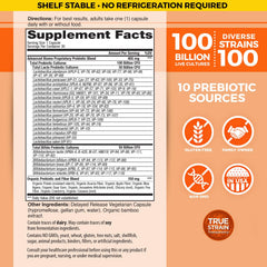 Vital Planet Vital Flora Advanced Probiotic bottle back label highlights 100B CFU and strains