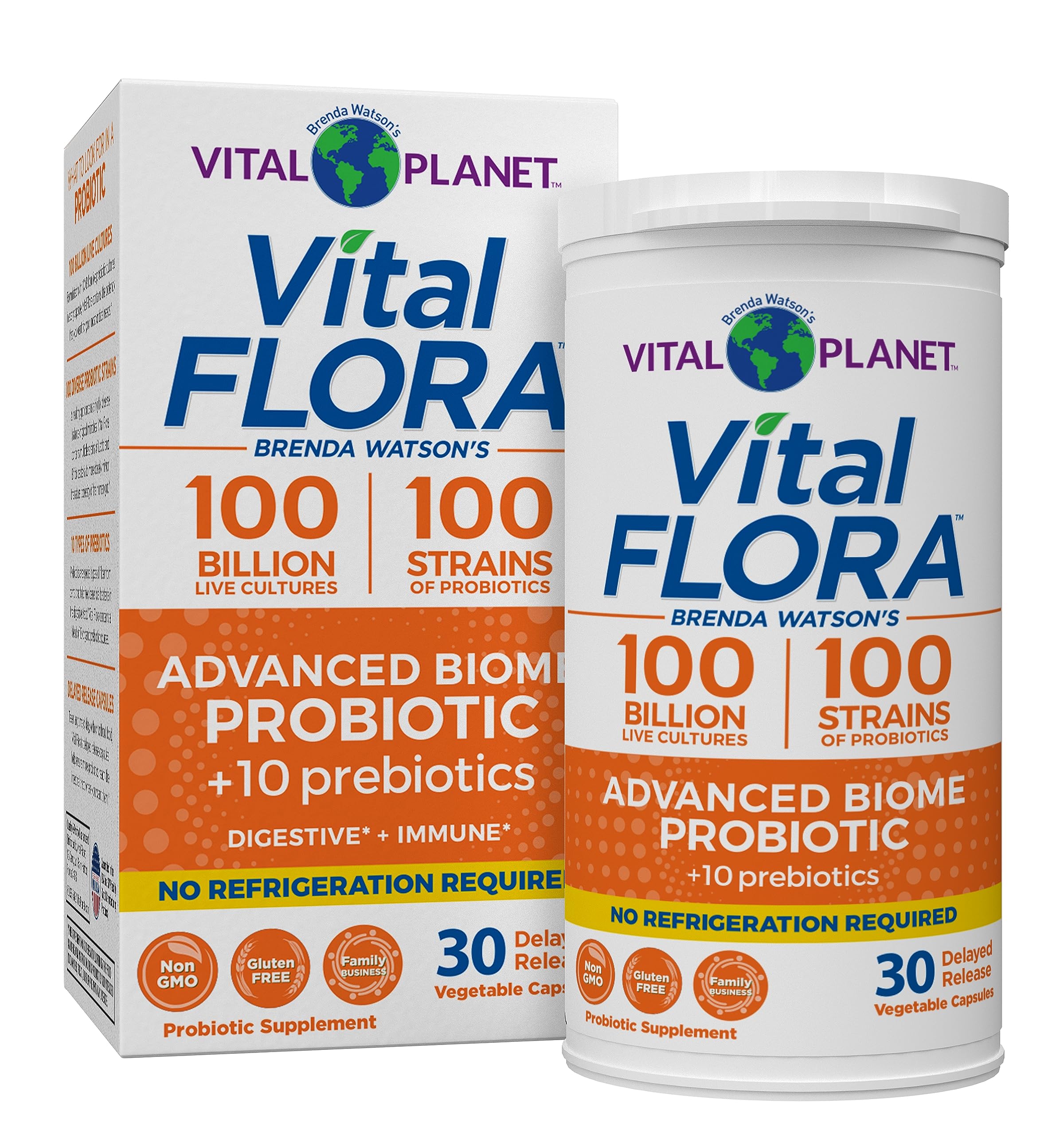 Vital Planet Vital Flora Advanced Probiotic bottle front promotes daily gut support