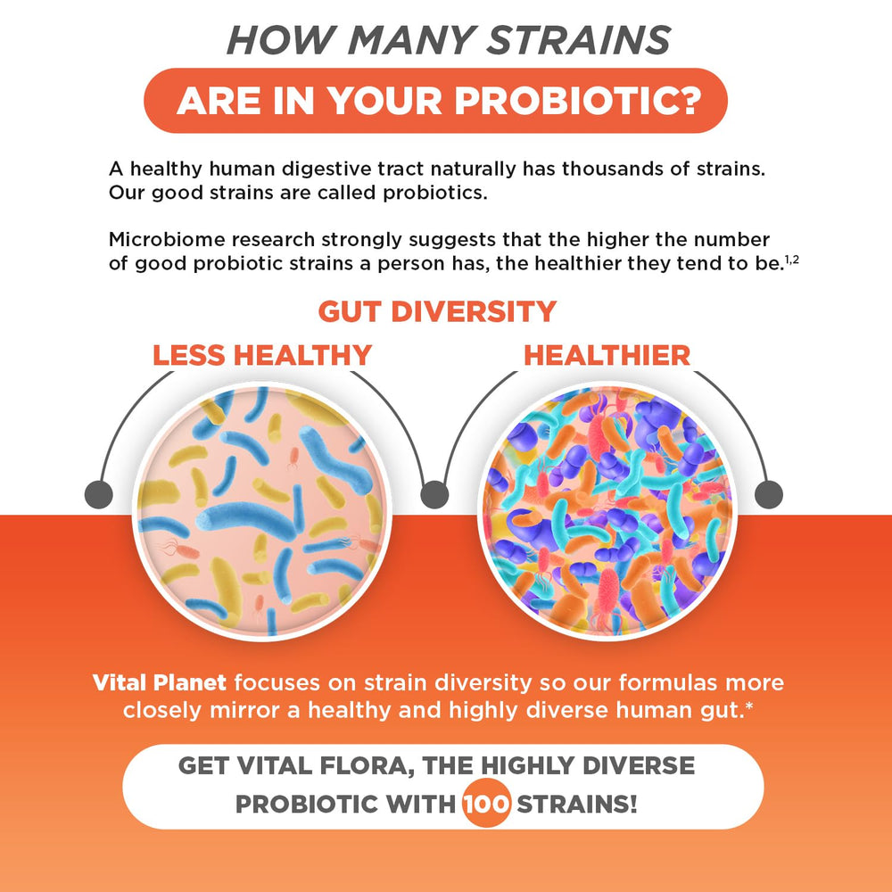Vital Planet Vital Flora Advanced Probiotic infographic highlights 100 strains and 100B CFU for gut diversity