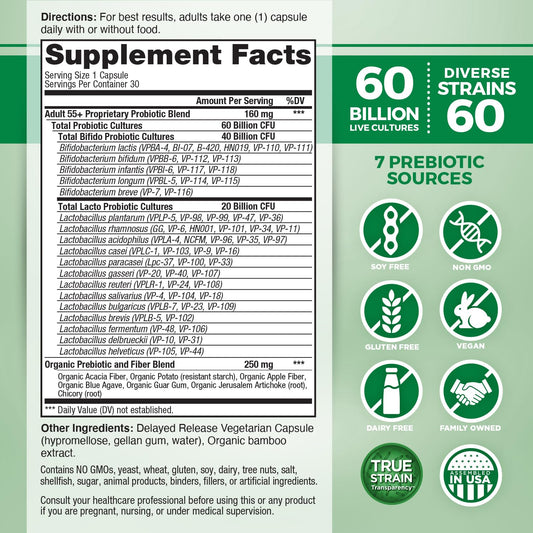 Vital Planet Vital Flora bottle label close-up, 60B CFU and 60 strains highlighted.