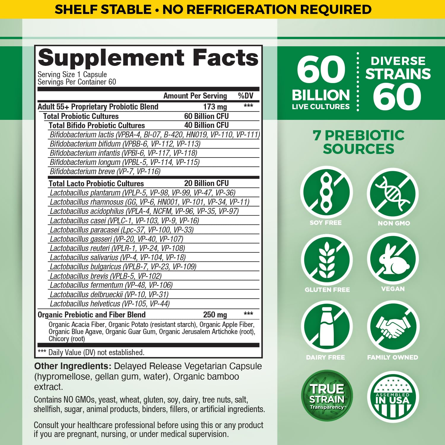 Vital Planet Vital Flora capsules closeup emphasizing 60 billion CFU and capsule design.