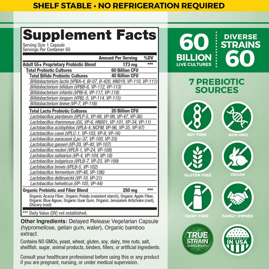 Vital Planet Vital Flora capsules closeup emphasizing 60 billion CFU and capsule design.