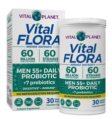 Vital Planet Vital Flora Men 55+ bottle promotes mature gut balance.