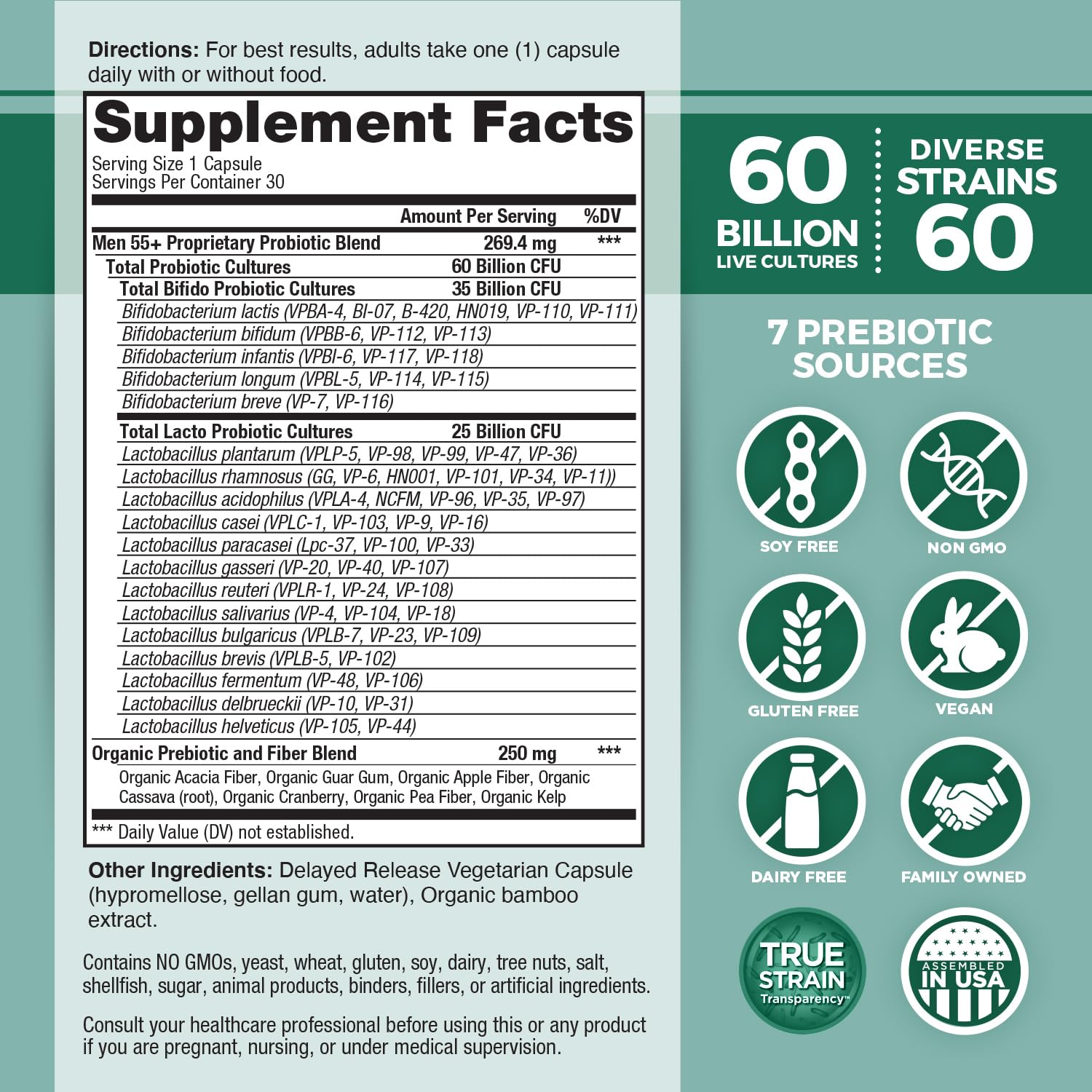 Vital Planet Vital Flora Men 55+ capsules closeup highlighting diverse strains.
