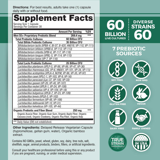 Vital Planet Vital Flora Men 55+ capsules closeup highlighting diverse strains.