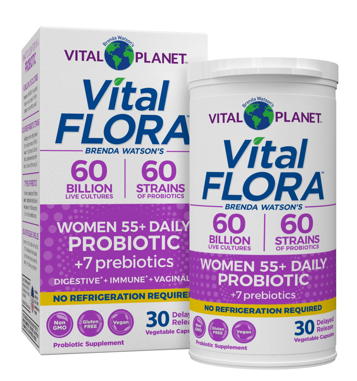 Vital Planet Vital Flora 55+ bottle pouring supports daily digestive balance.