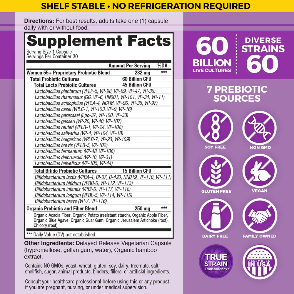 Vital Flora 60 billion CFU capsule close-up, high potency probiotic for gut diversity.