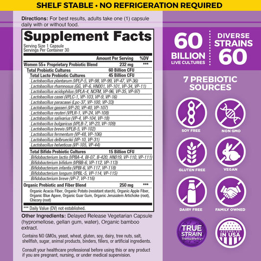 Vital Flora 60 billion CFU capsule close-up, high potency probiotic for gut diversity.