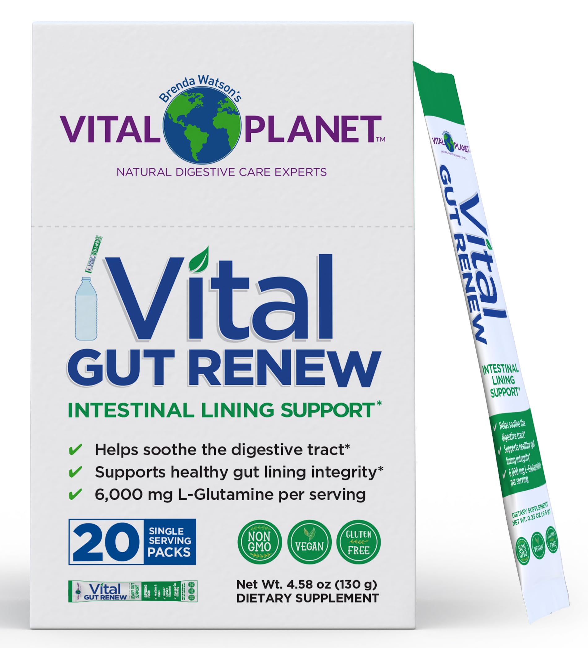 Vital Planet Vital Gut Renew bottle pouring into glass for gut support