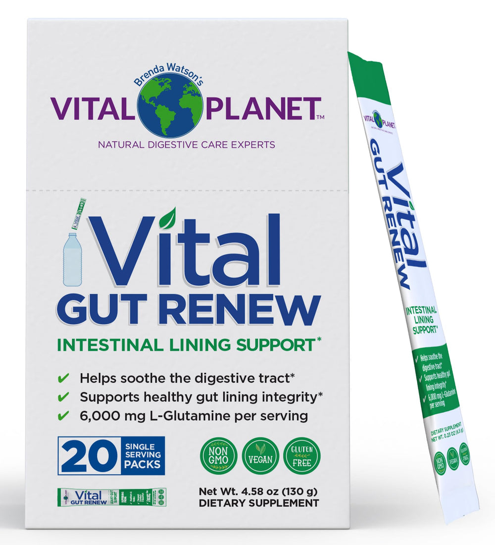 Vital Planet Vital Gut Renew bottle pouring into glass for gut support