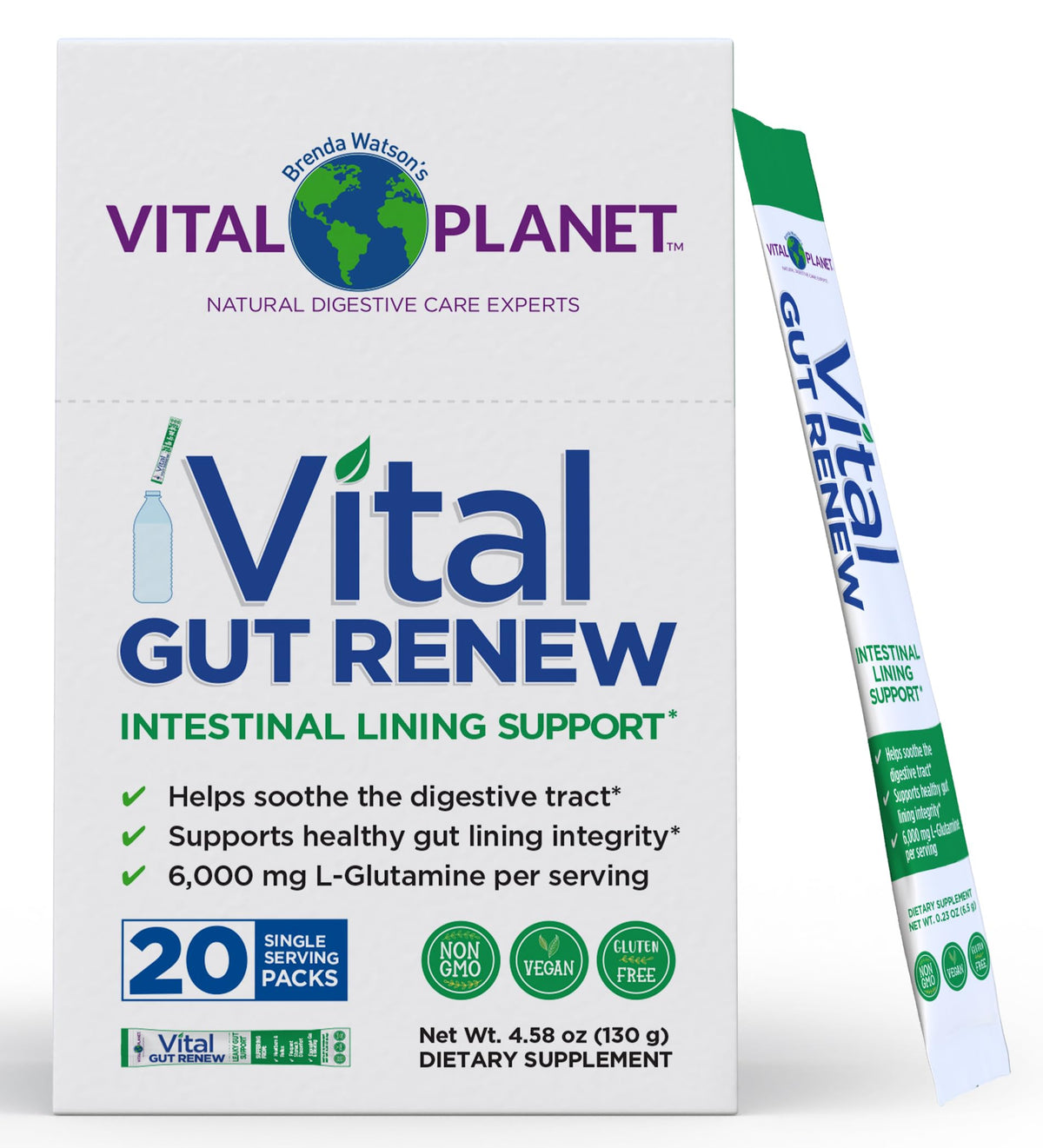 Vital Planet Vital Gut Renew bottle pouring into glass for gut support
