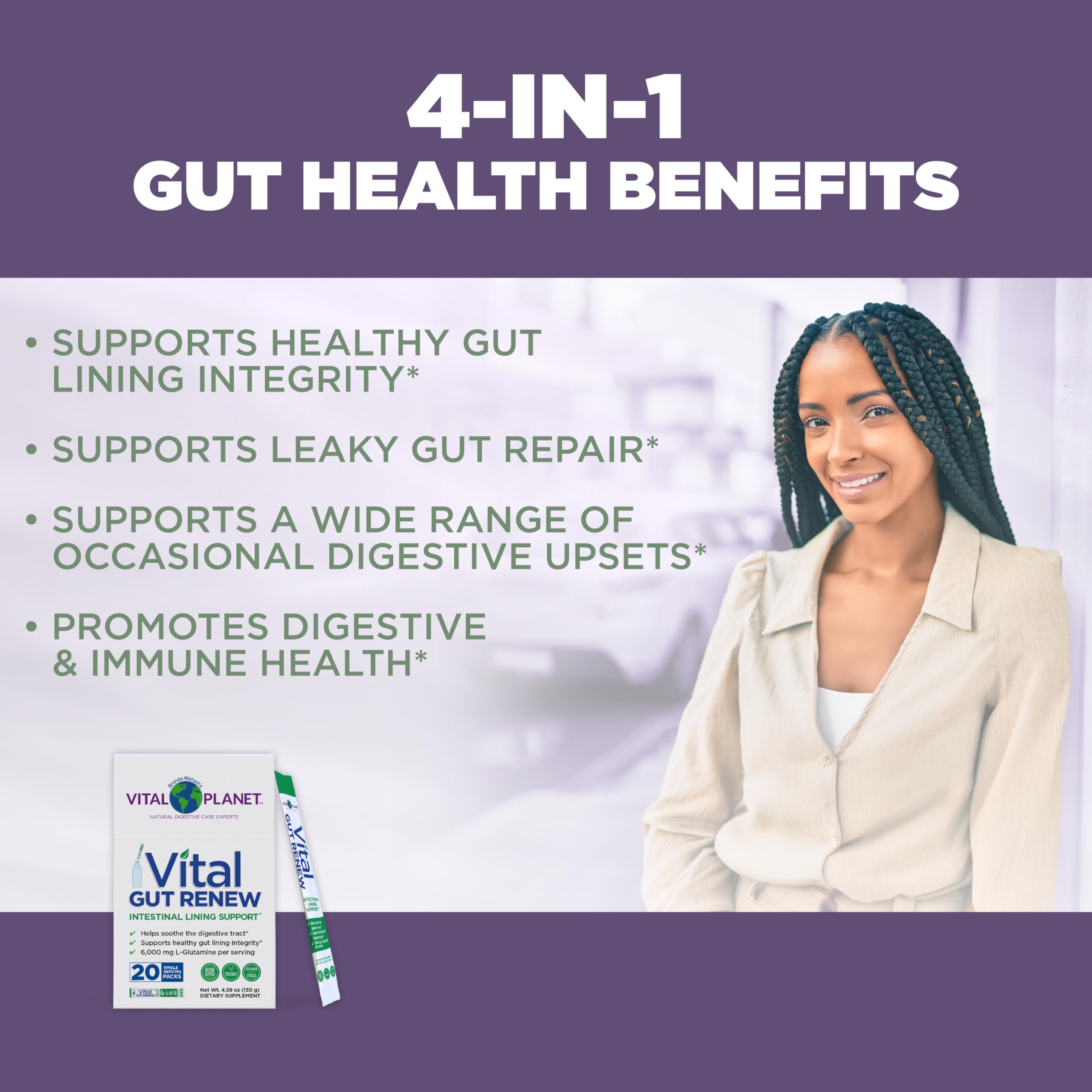 Vital Planet Vital Gut Renew packaging shows vegan label and purity claims for clean nutrition