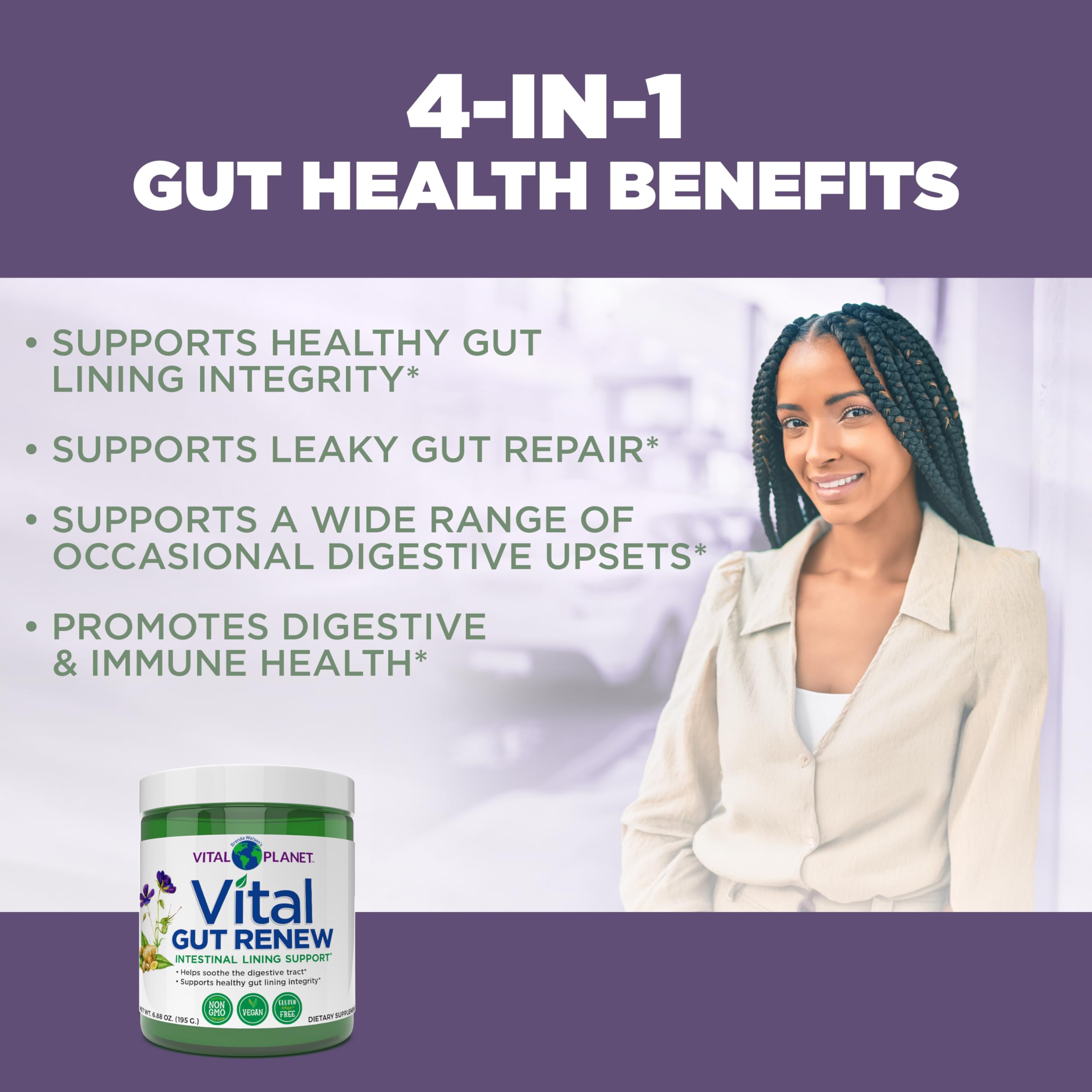 Vital Gut Renew mix-in-water scene demonstrates a sugar-free, convenient routine.