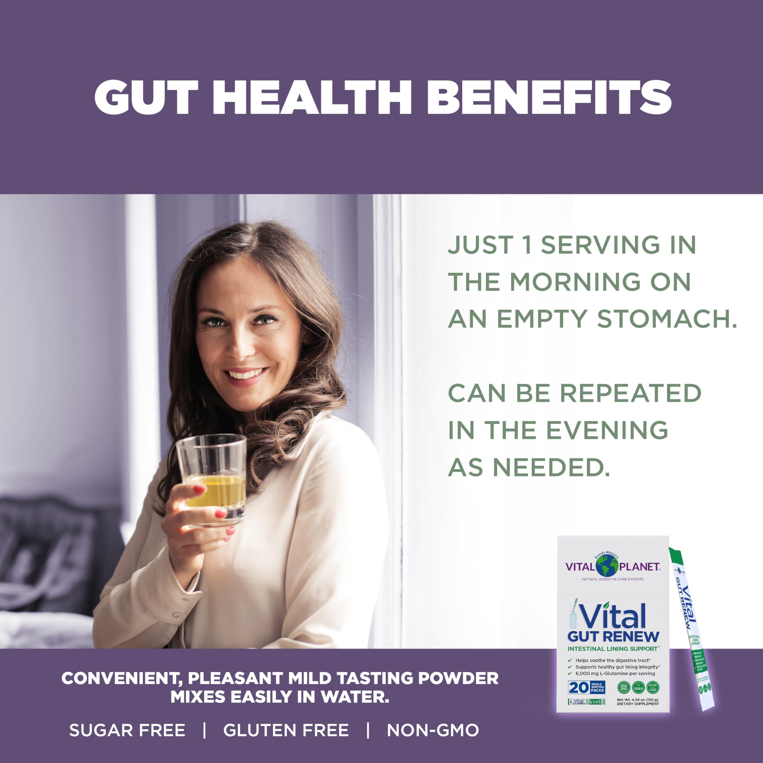 Vital Planet Vital Gut Renew packaging highlights vegan, non-GMO, sugar-free formula