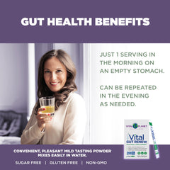 Vital Planet Vital Gut Renew packaging highlights vegan, non-GMO, sugar-free formula