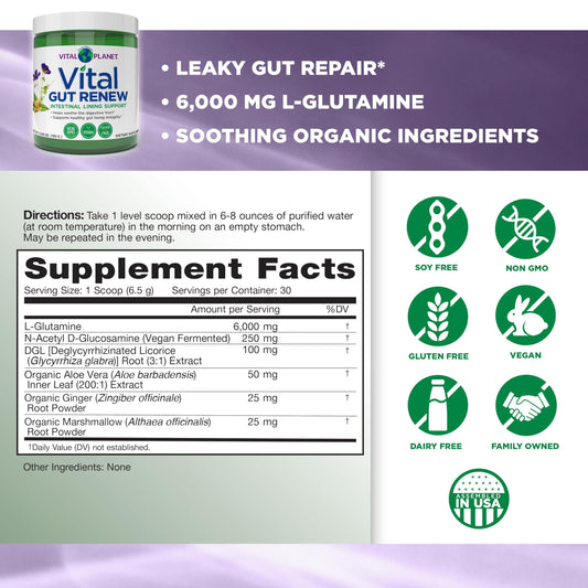 Pouring Vital Gut Renew into a glass of water shows easy mixing.