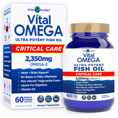 Vital Planet Vital Omega Critical Care bottle with high-potency omega-3 capsules for daily support