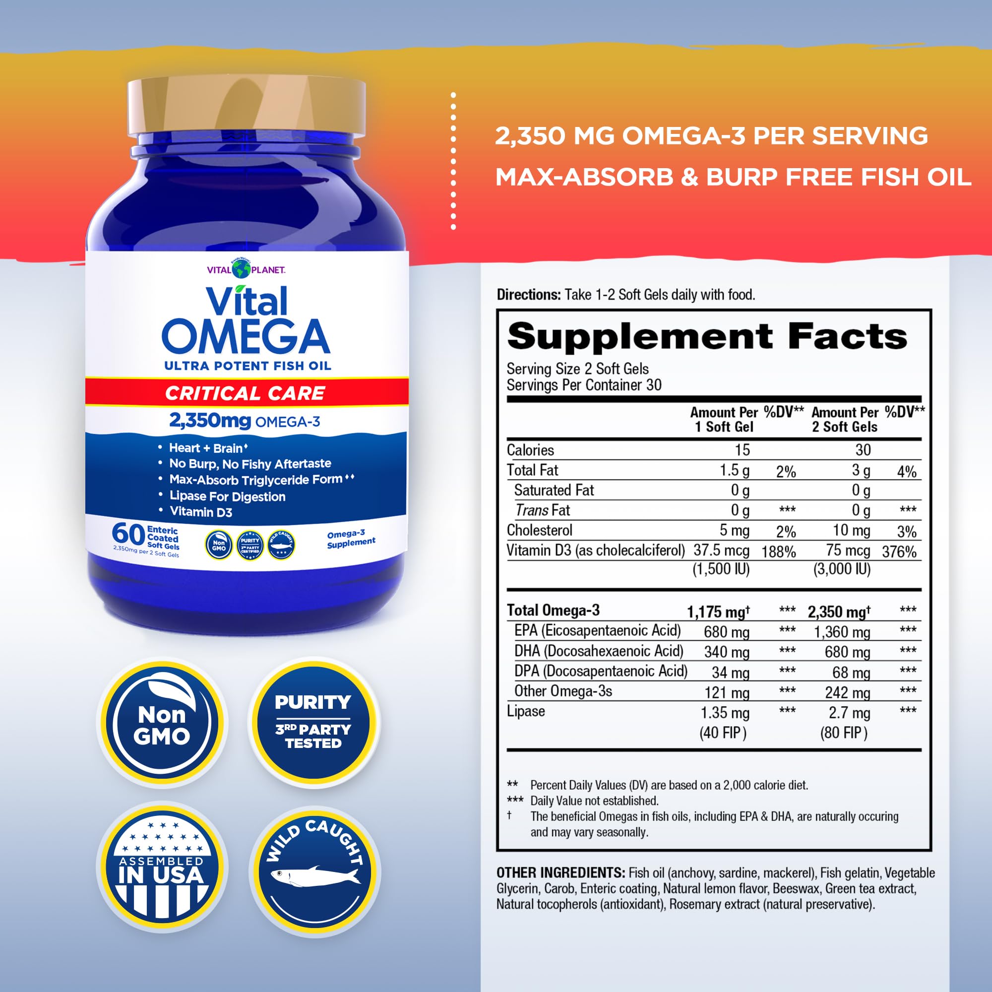 Vital Planet Vital Omega Critical Care softgels close-up showing concentrated omega-3 blend