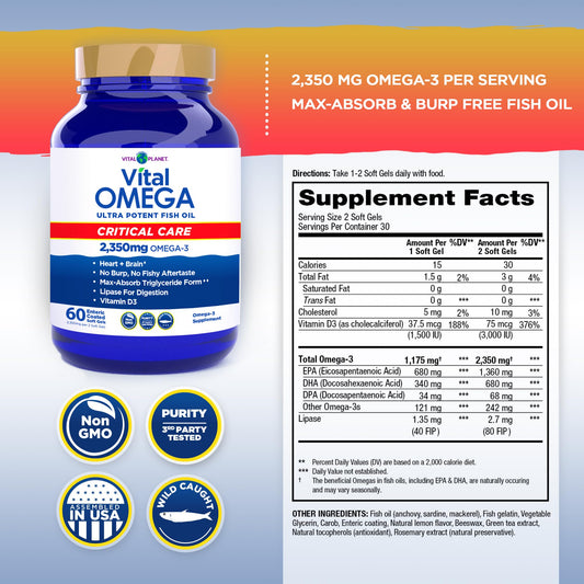 Vital Planet Vital Omega Critical Care softgels close-up showing concentrated omega-3 blend