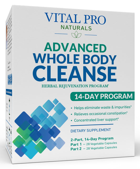 Vital Pro Naturals Advanced Whole Body Cleanse bottle image showing natural elimination support.