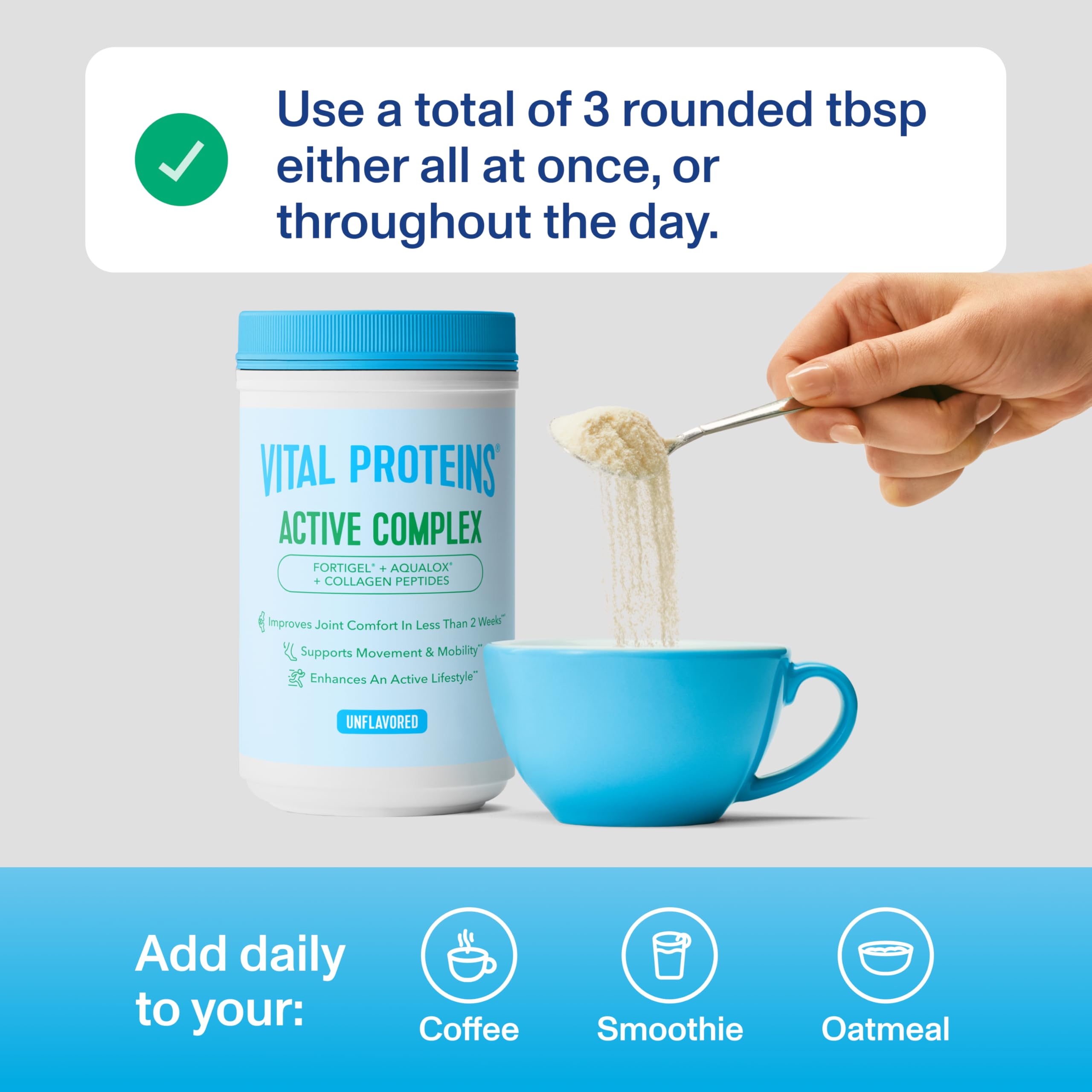 Vital Proteins Active Complex powder dissolves smoothly in water.