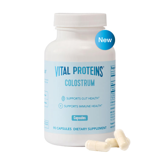 Vital Proteins bovine colostrum bottle; supports gut health.