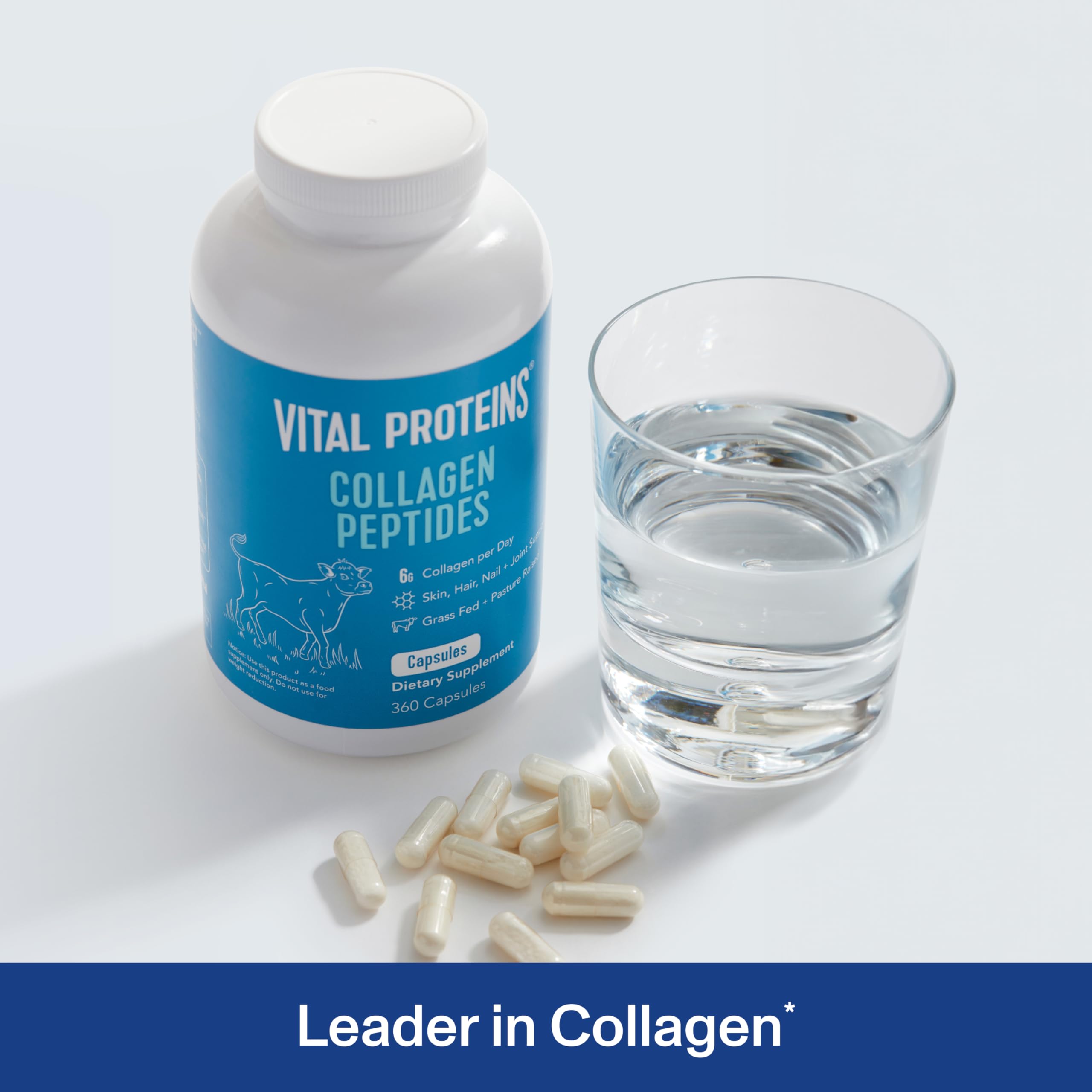 Vital Proteins collagen capsules closeup label shows grass-fed hydrolyzed peptides