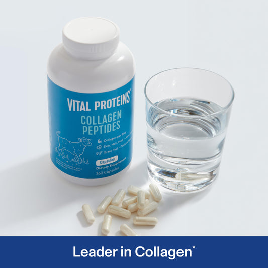 Vital Proteins collagen capsules closeup label shows grass-fed hydrolyzed peptides