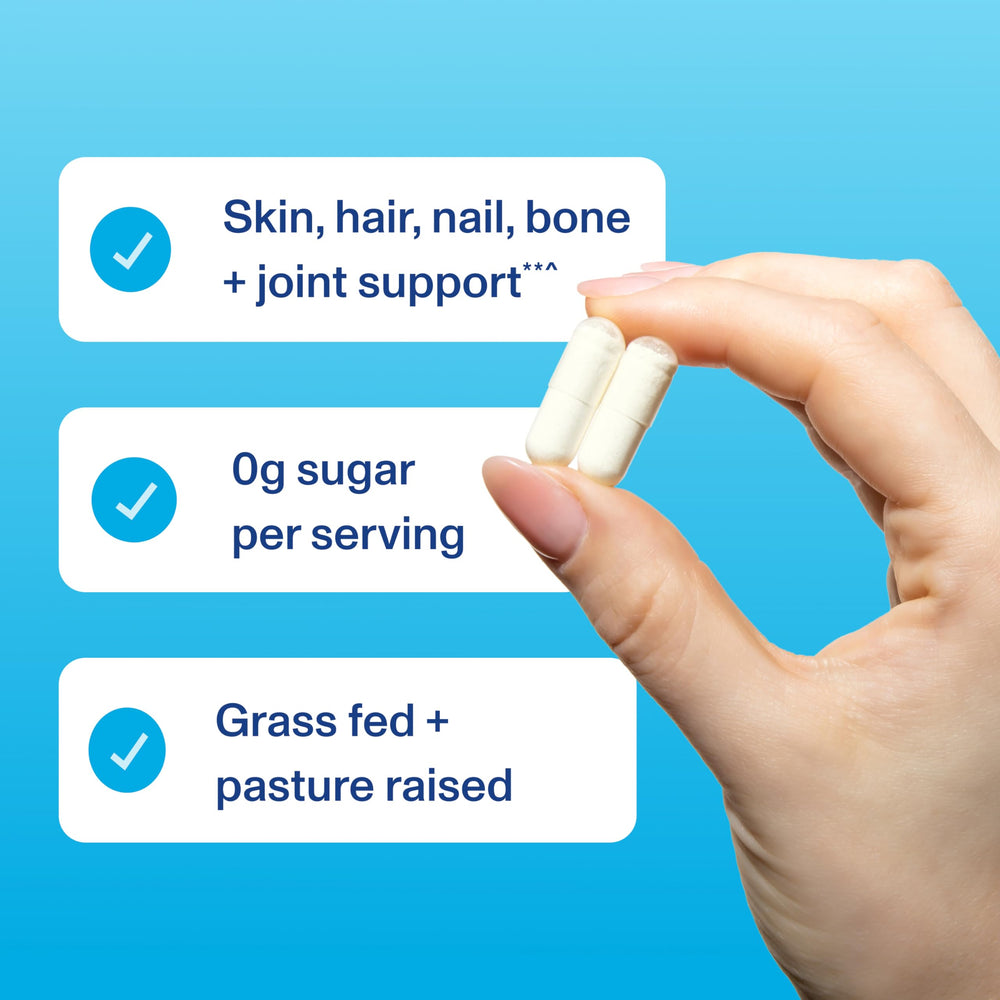 Vital Proteins collagen capsules image features hair and nails benefits