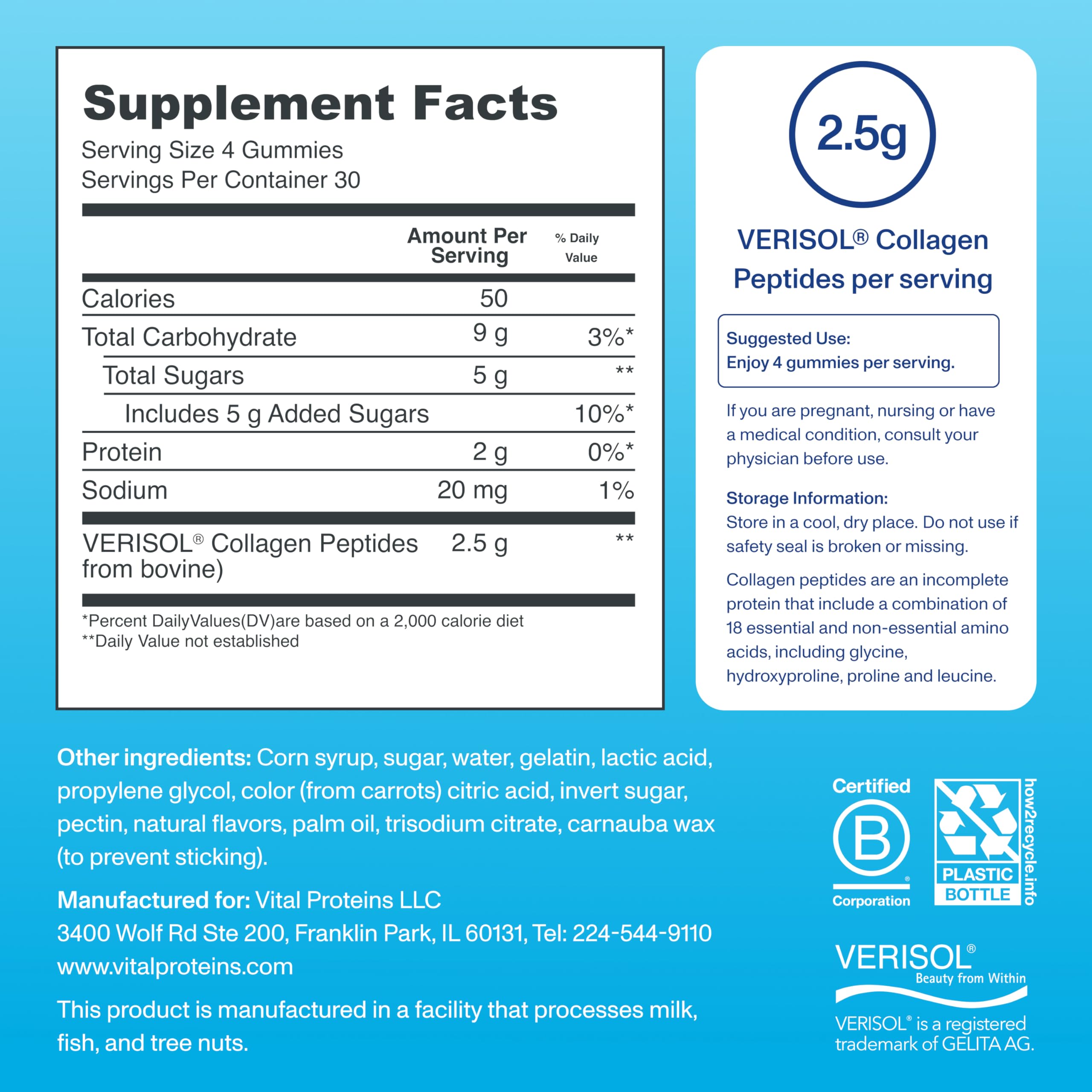 Vital Proteins Collagen Gummies ingredients panel notes VERISOL peptides and oils.