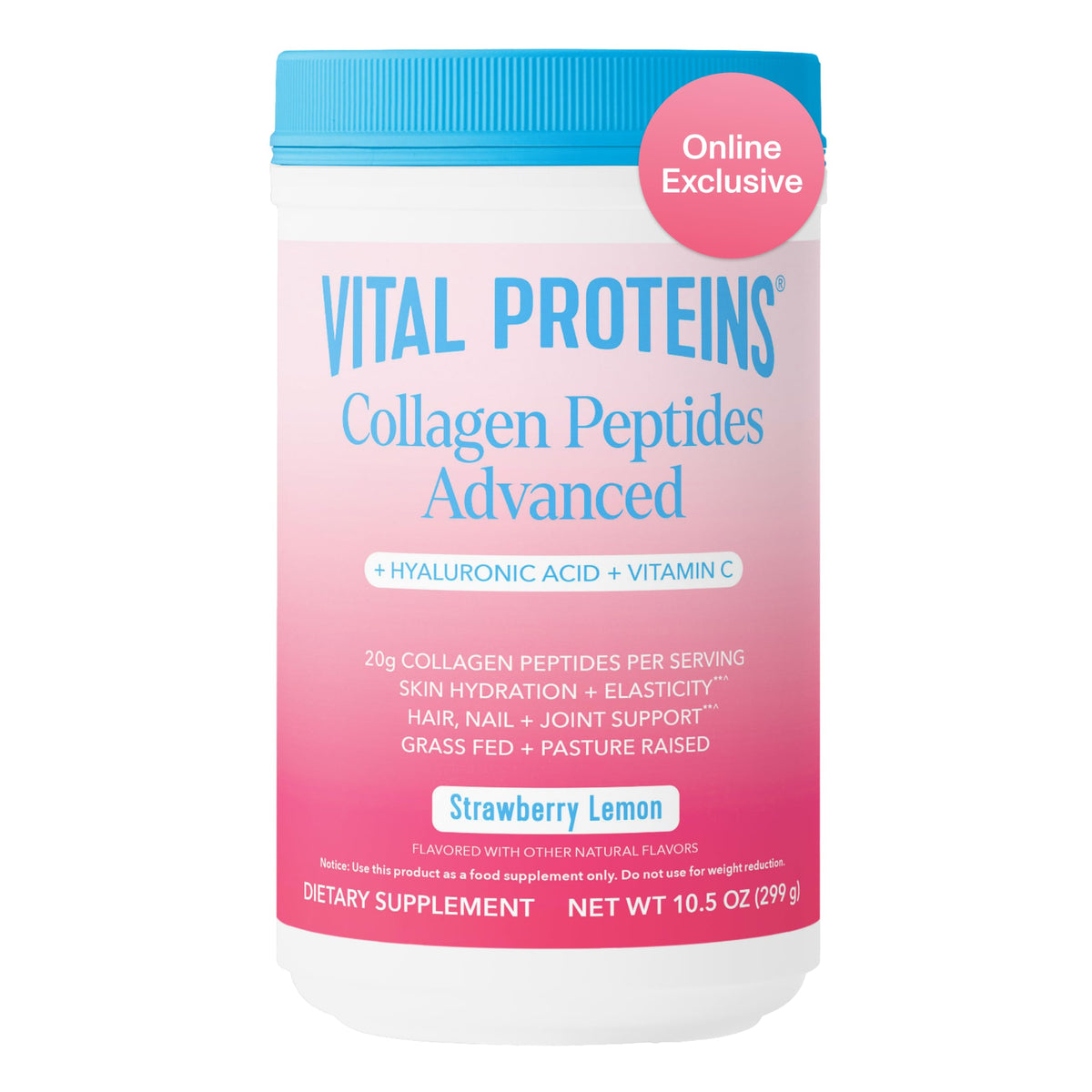 Vital Proteins Collagen Peptides Advanced bottle front with strawberry lemon flavor for daily wellness.