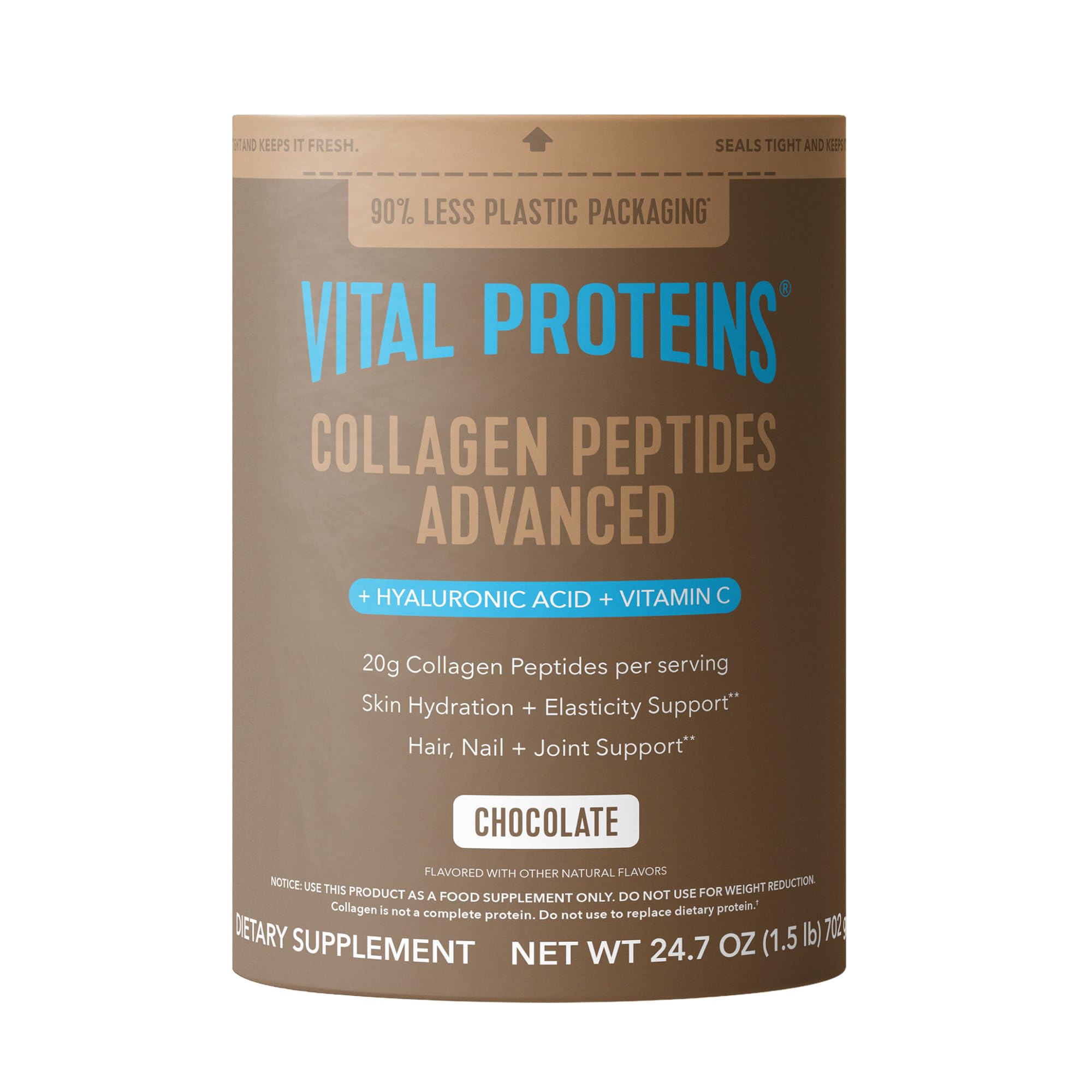 Vital Proteins Collagen Peptides Advanced chocolate bottle pour demonstrates easy mixing for daily routines