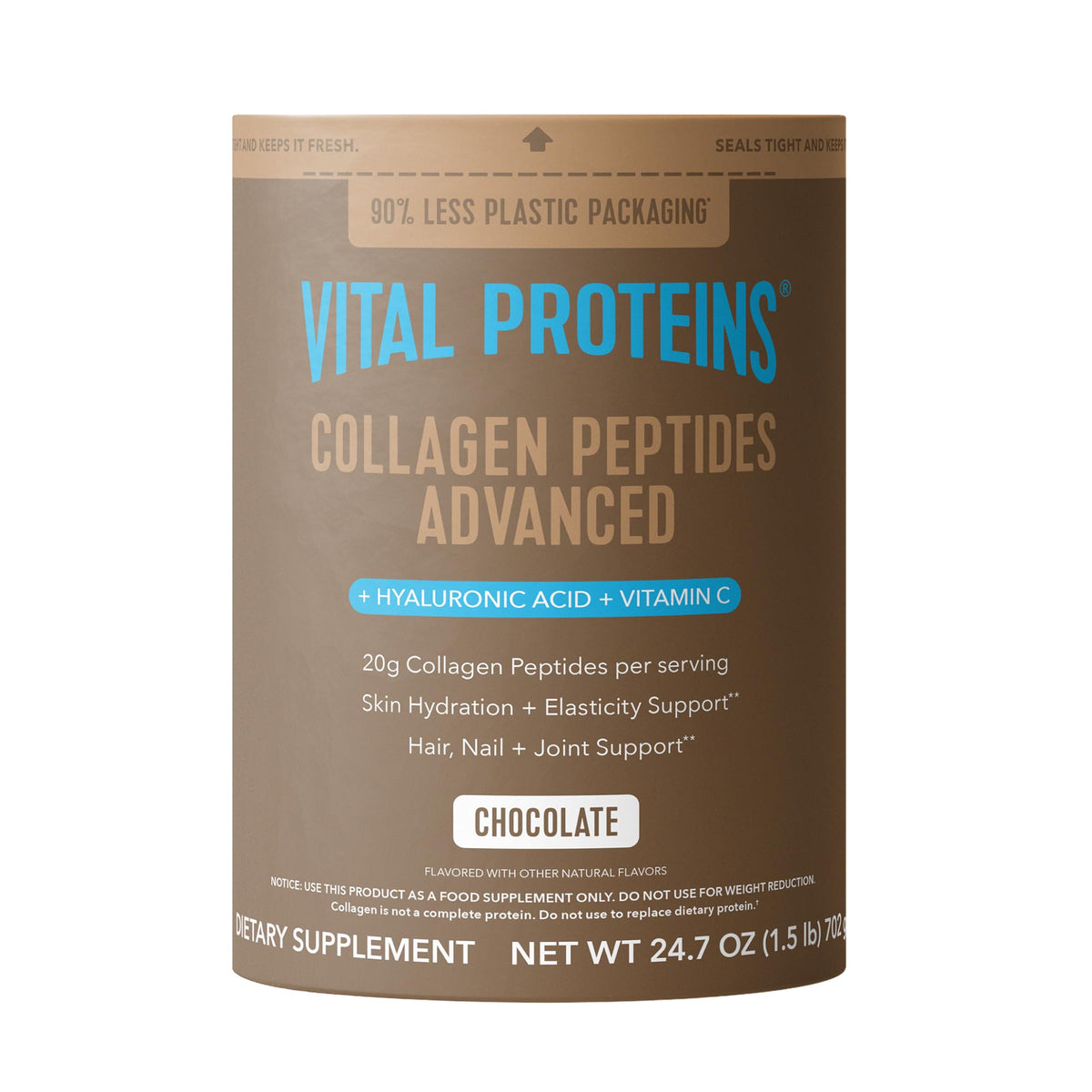 Vital Proteins Collagen Peptides Advanced chocolate bottle pour demonstrates easy mixing for daily routines