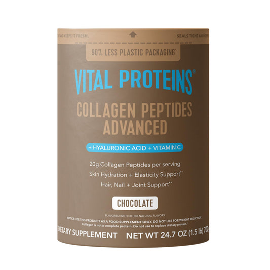 Vital Proteins Collagen Peptides Advanced chocolate bottle pour demonstrates easy mixing for daily routines