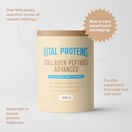 Vital Proteins vanilla collagen powder stored in a tub, ready for everyday use.