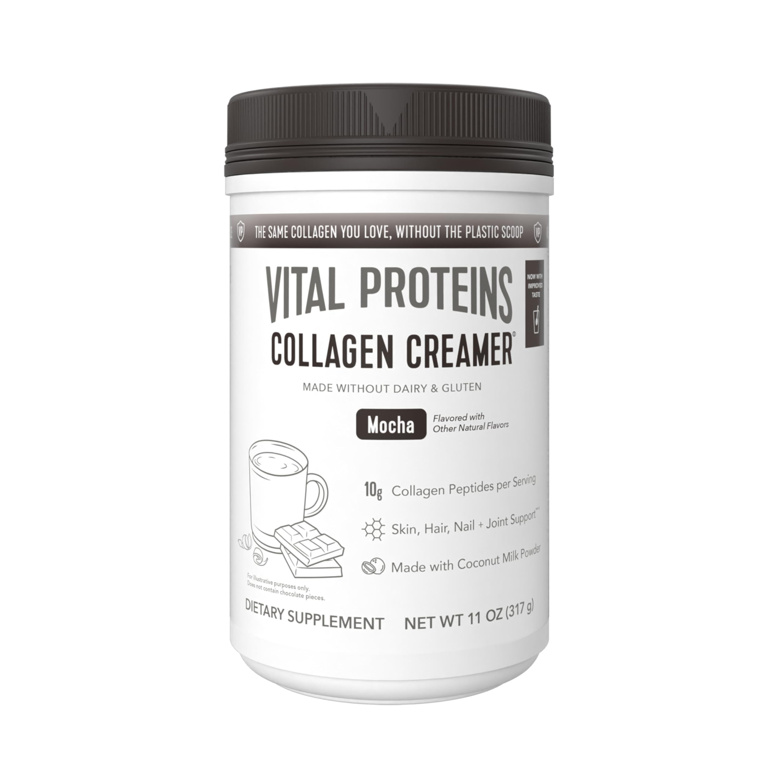 Vital Proteins collagen peptides mocha creamer bottle offers creamy coffee with potential hair and skin support.